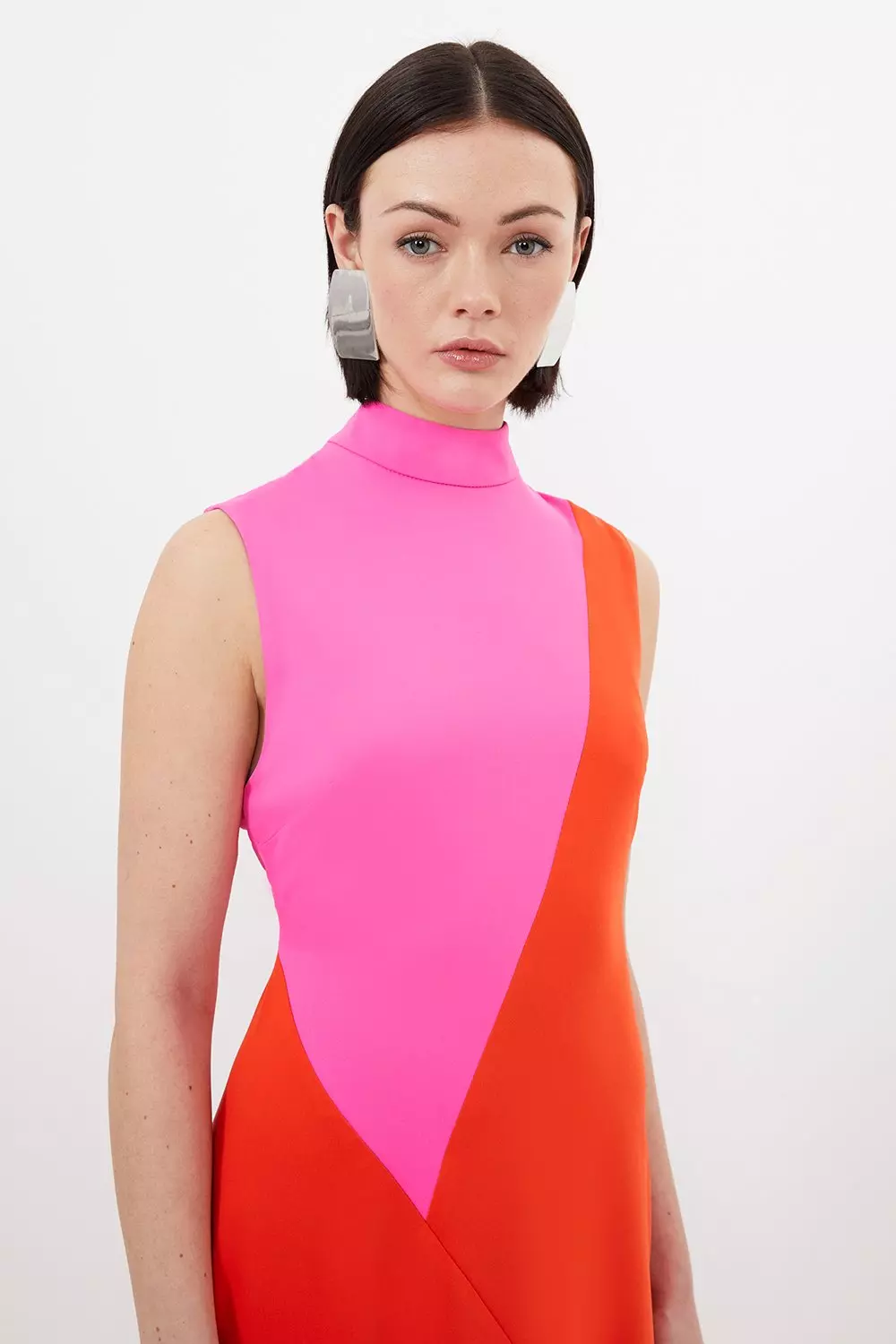Soft Tailored Color Block Panel High Neck Midi Dress | Karen